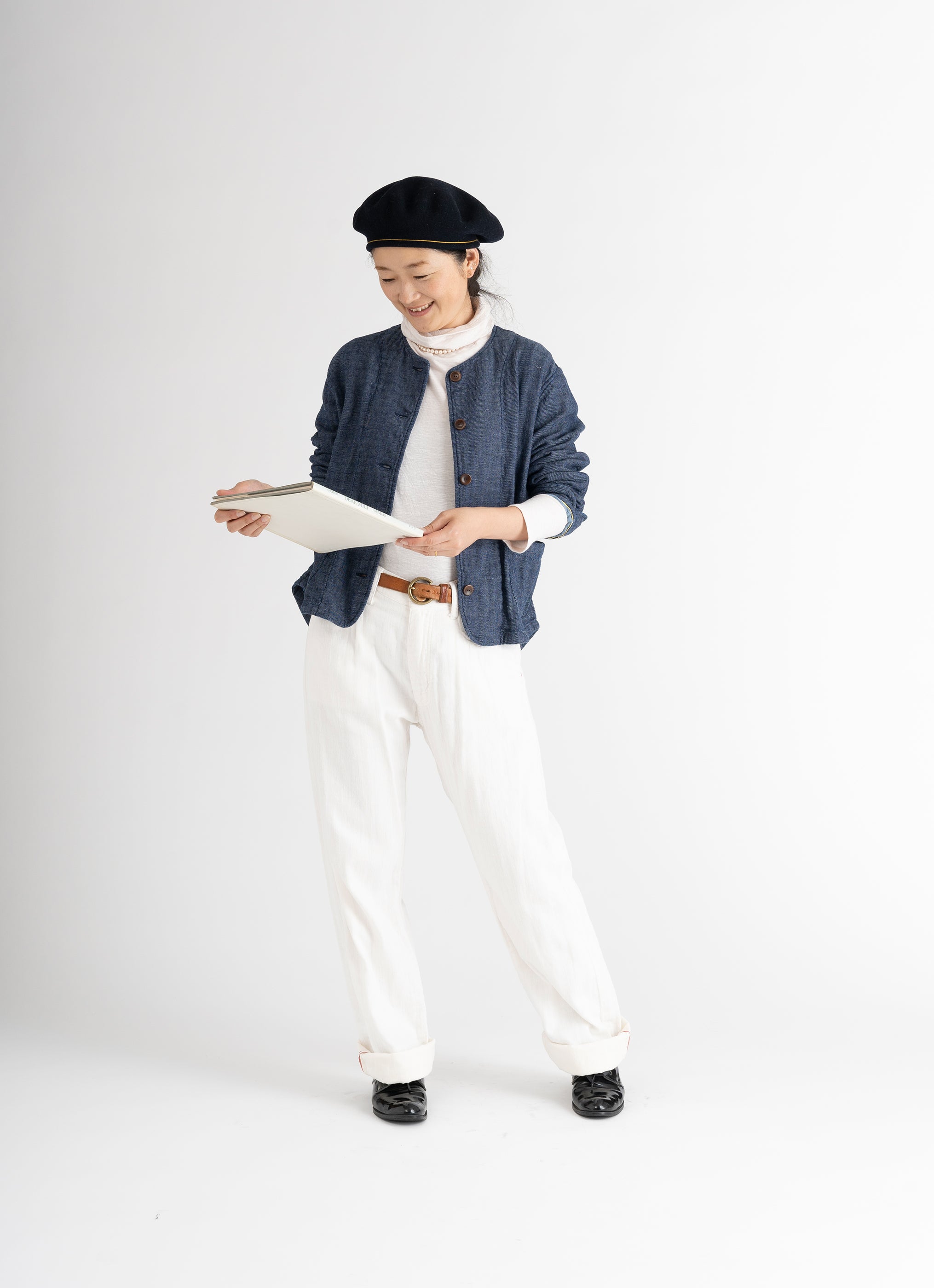 デニムガーゼノーカラージャケット