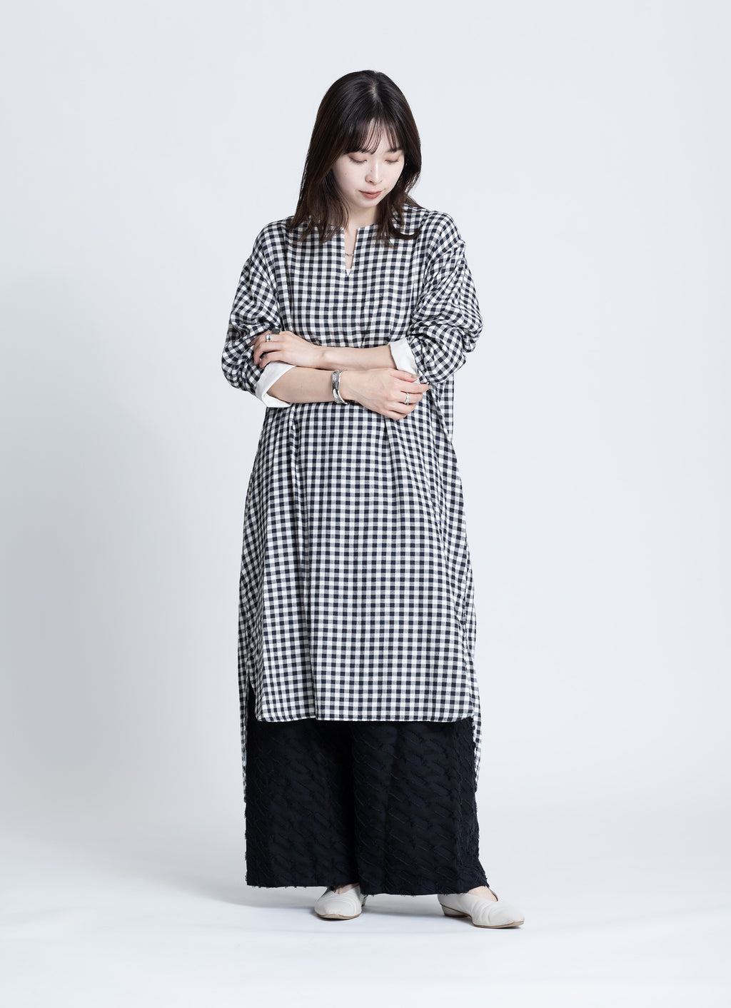 ギンガムガーゼキーネックワンピース
