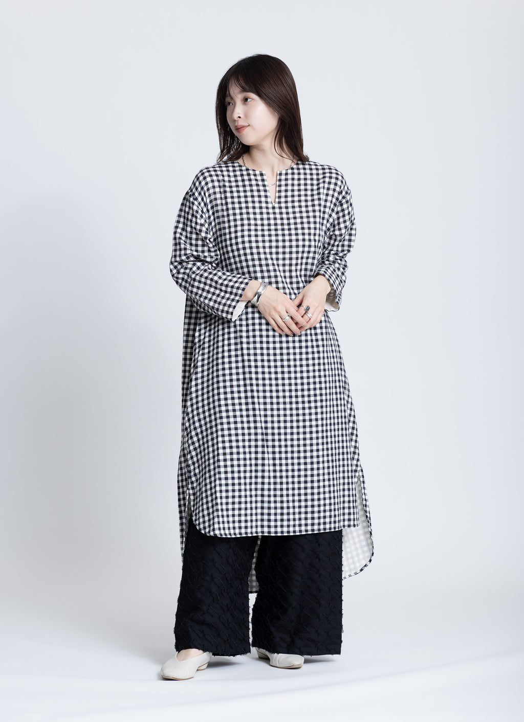 ギンガムガーゼキーネックワンピース