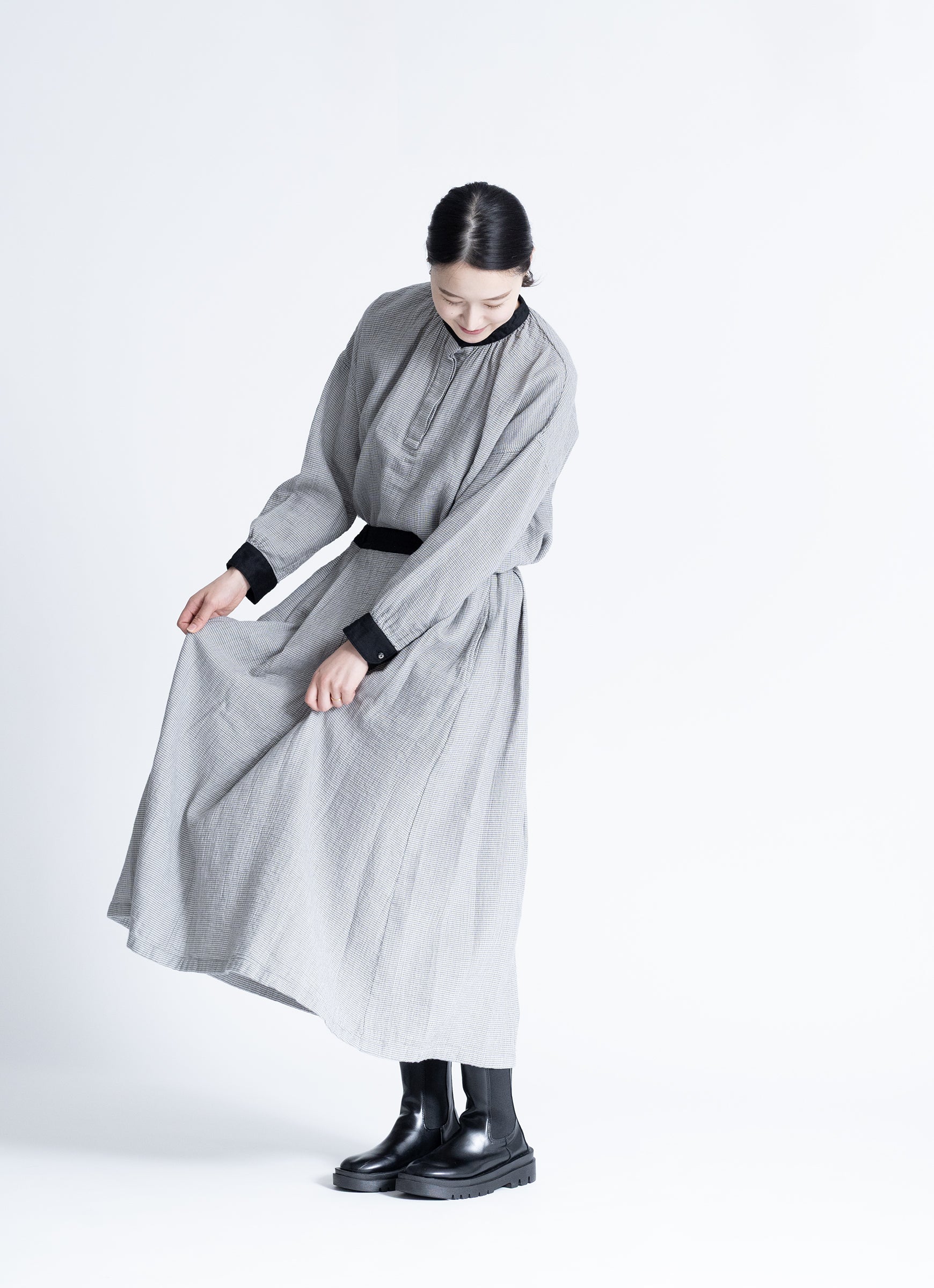 千鳥ガーゼタックギャザーロングスカート