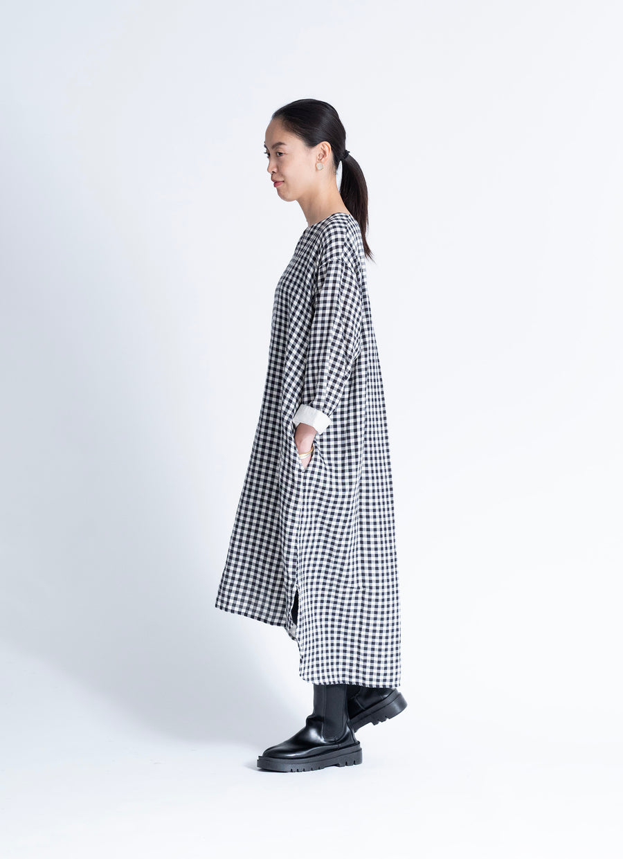 ギンガムガーゼキーネックワンピース