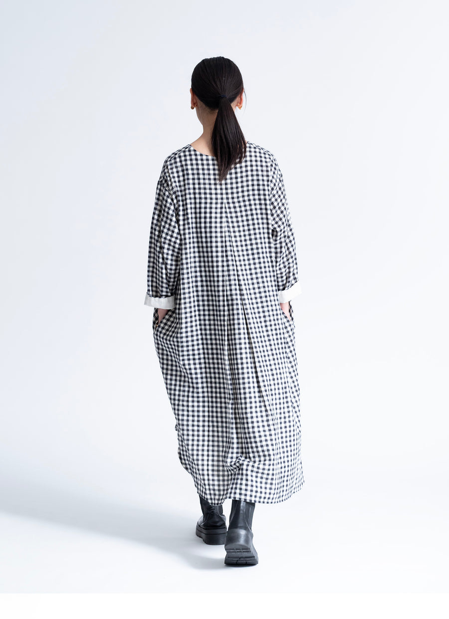 ギンガムガーゼキーネックワンピース