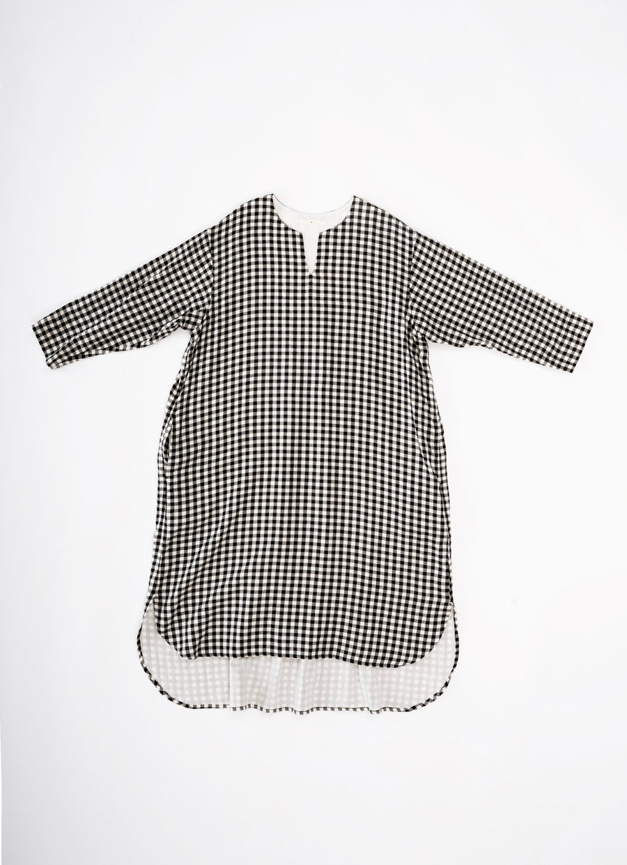 ギンガムガーゼキーネックワンピース