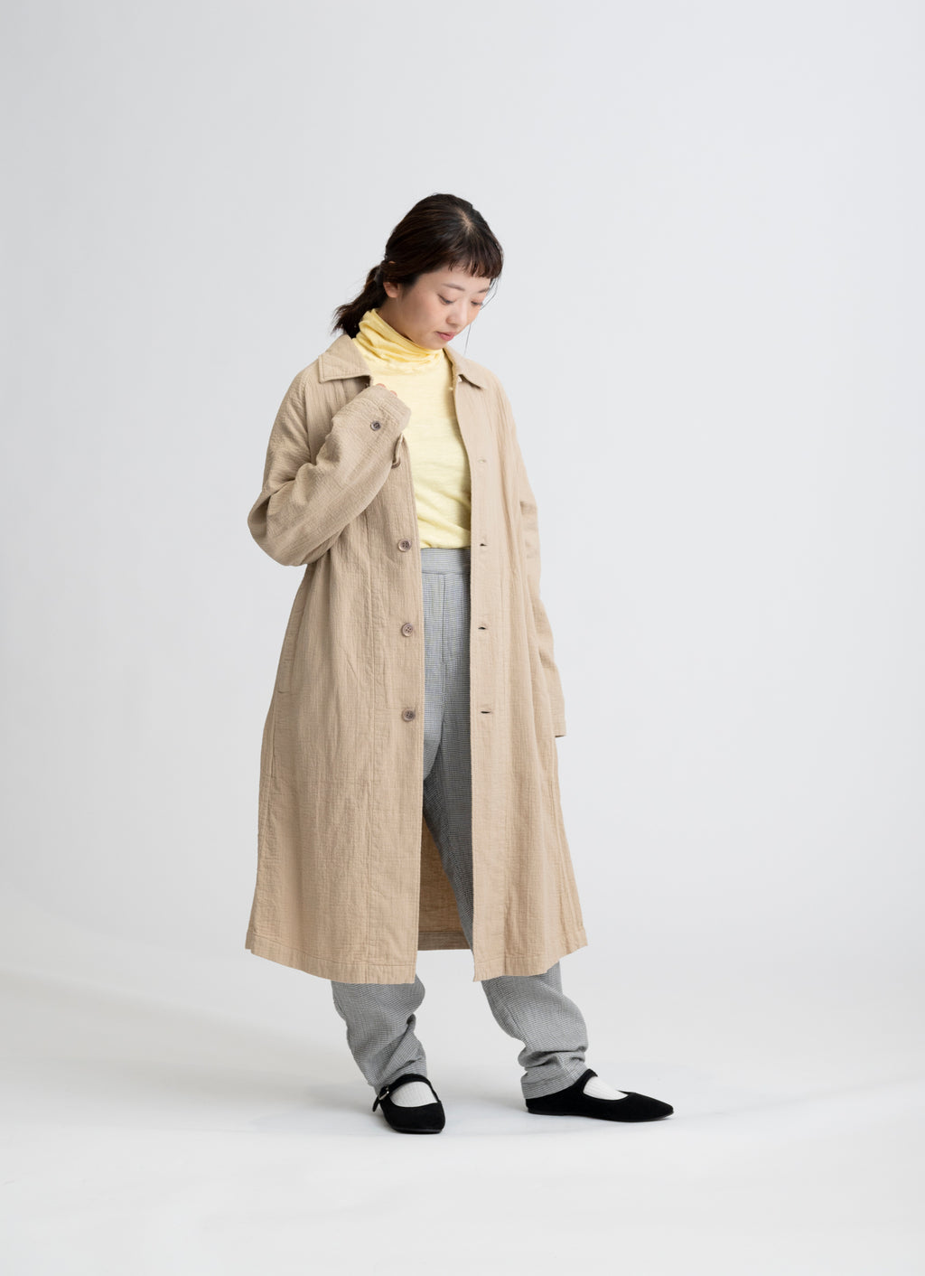 【在庫限り】ステンカラーコート（リサイクルコットン混二重ガーゼ）
